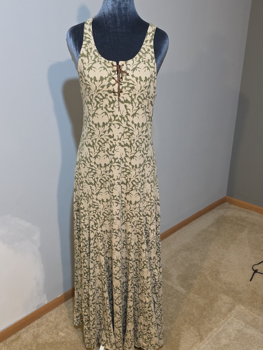 Ralph Lauren Cream Maxi Dress with Green Vine Print and Lace-Up Front
